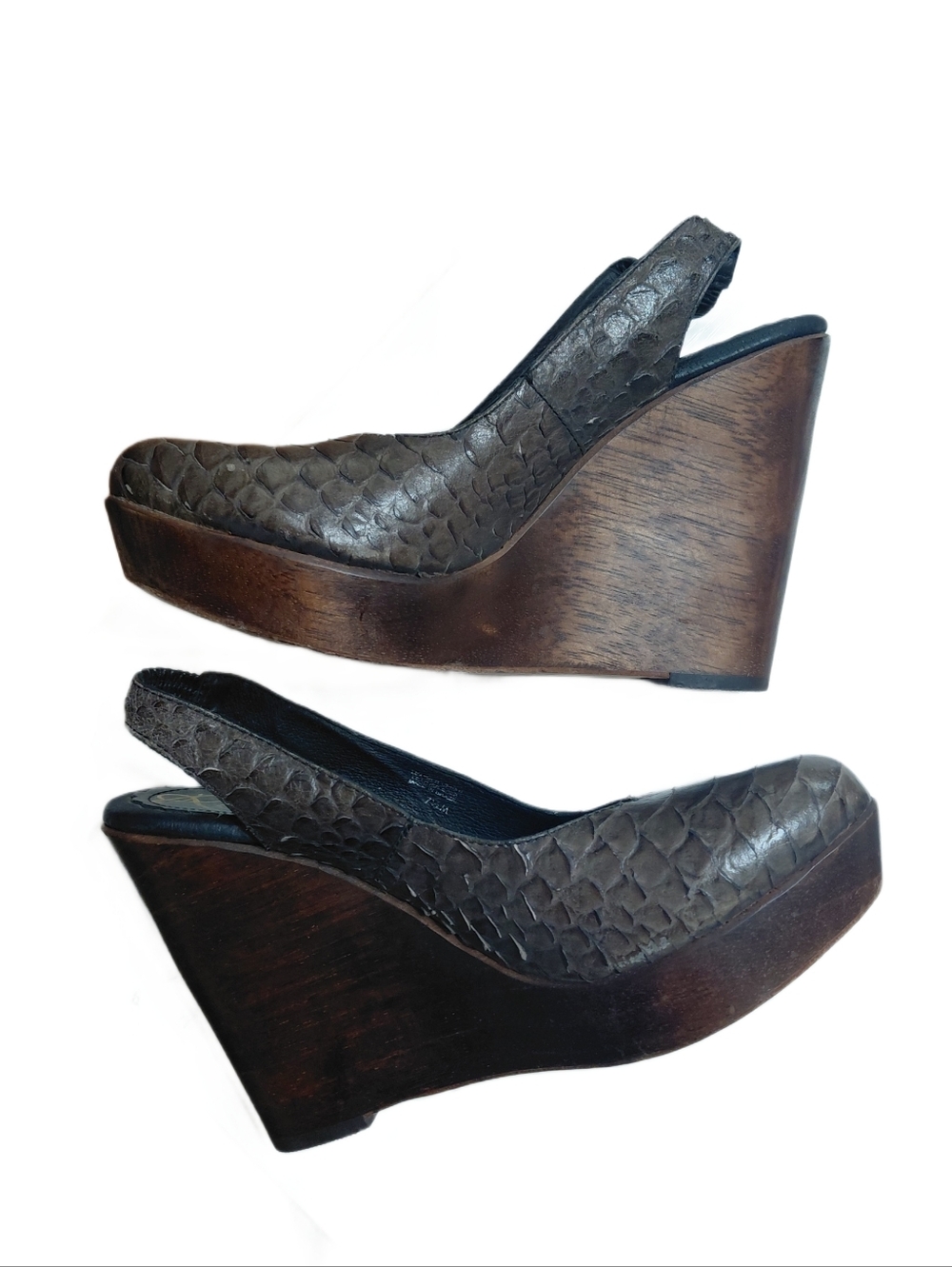 Vintage Rowen Brown Python Textured Leather Wooden Wedge Slingback Shoes Size